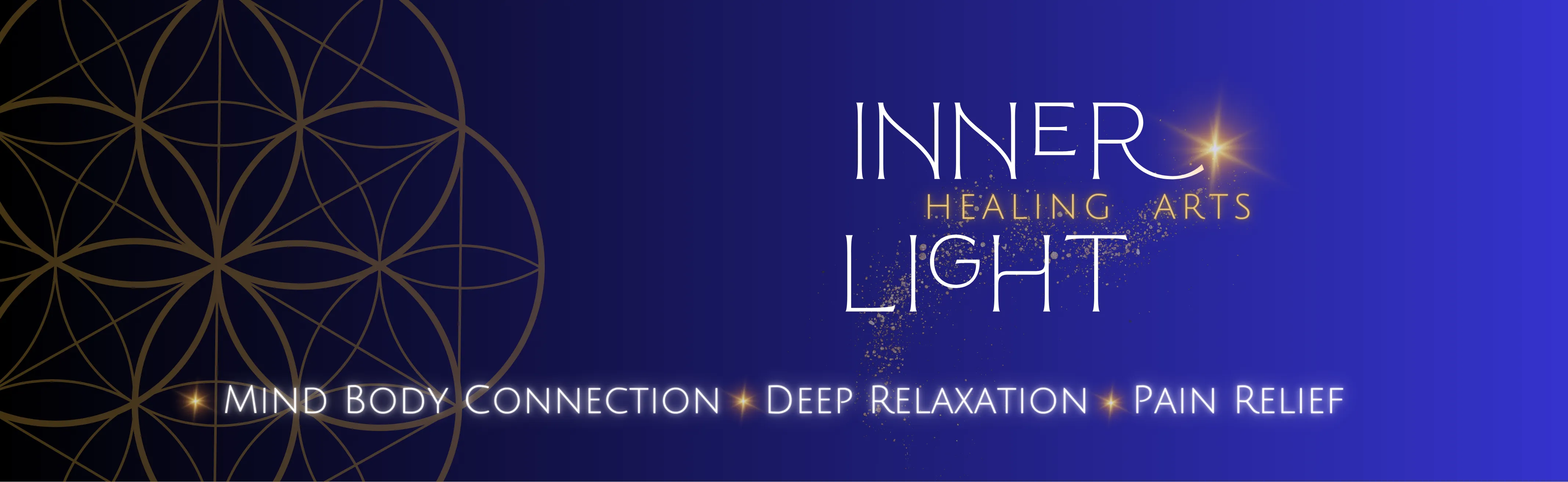 Inner Light Healing Arts banner — sacred geometry in gold on deep indigo